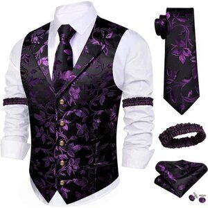 Barry.Wang Mens Silk Lapel/Shawl Collar Vest Tie Sleeve Holder Set